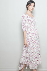 Cream Floral Smocked Handkerchief Hem Maxi Dress