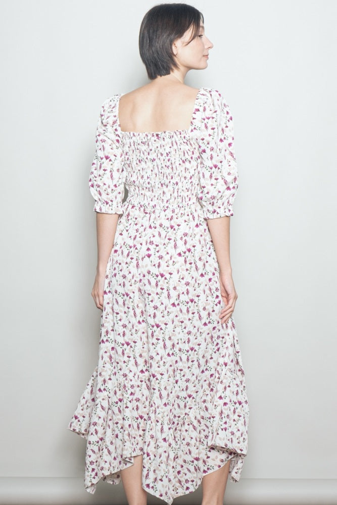 Cream Floral Smocked Handkerchief Hem Maxi Dress