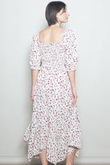 Cream Floral Smocked Handkerchief Hem Maxi Dress