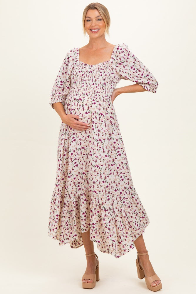 Cream Floral Smocked Handkerchief Hem Maternity Maxi Dress