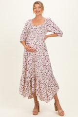 Cream Floral Smocked Handkerchief Hem Maternity Maxi Dress