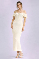 Ivory Off Shoulder Lace Knit Maternity Midi Dress