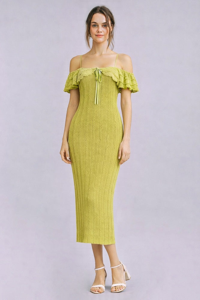 Citron Off Shoulder Lace Knit Maternity Midi Dress