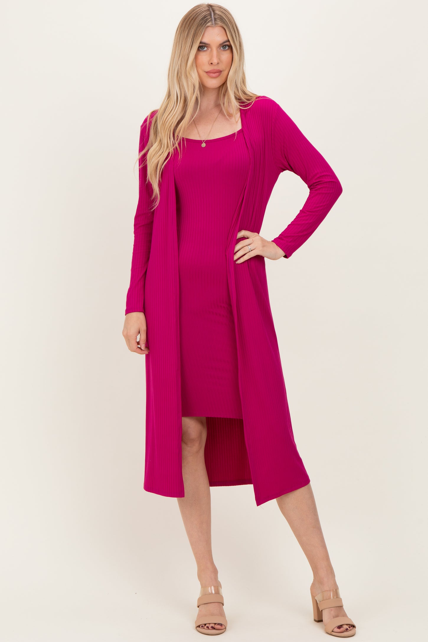 Magenta Ribbed Cardigan 2 Piece Maternity Set