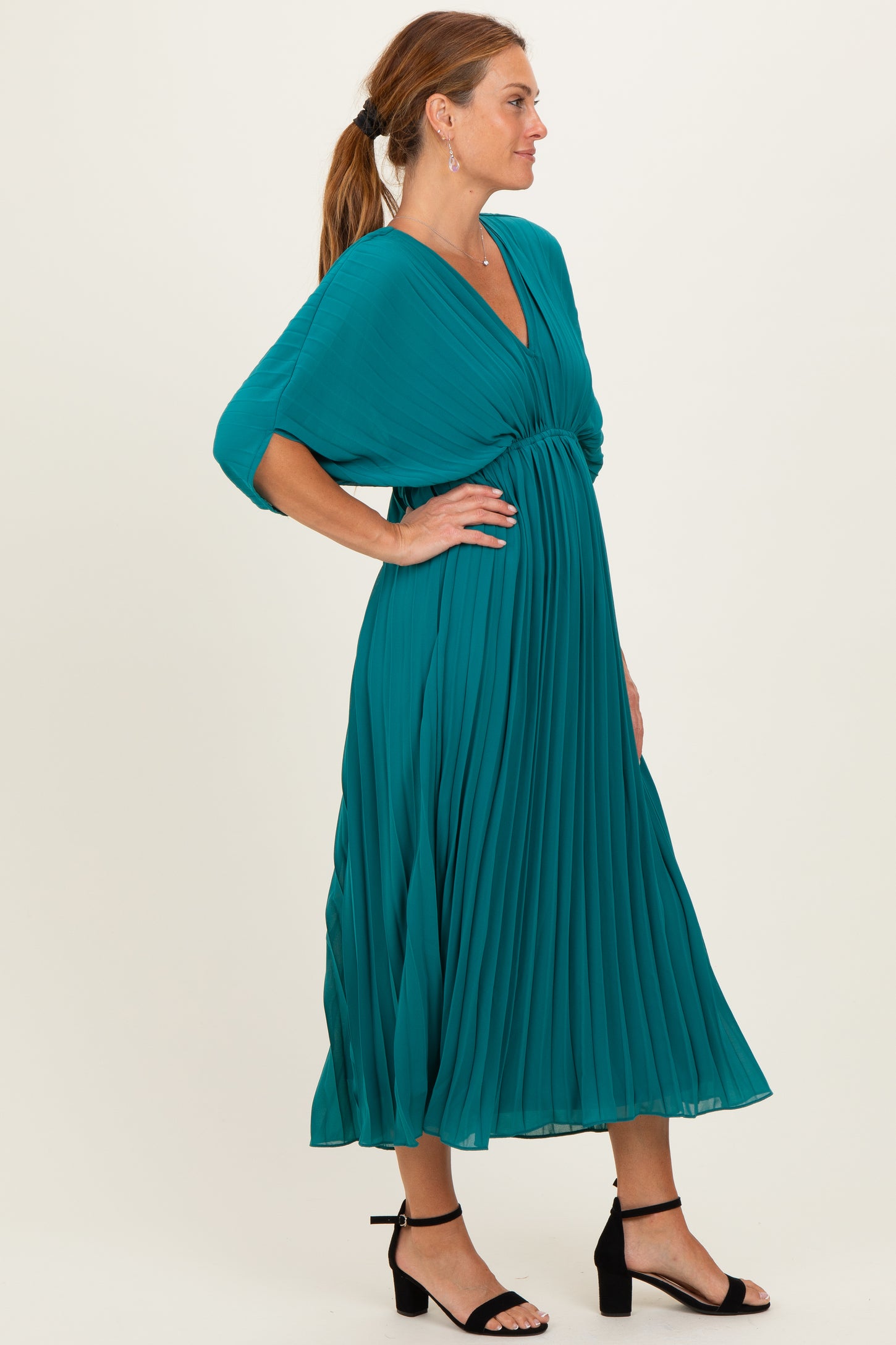 Teal Pleated V Neck Maxi Dress