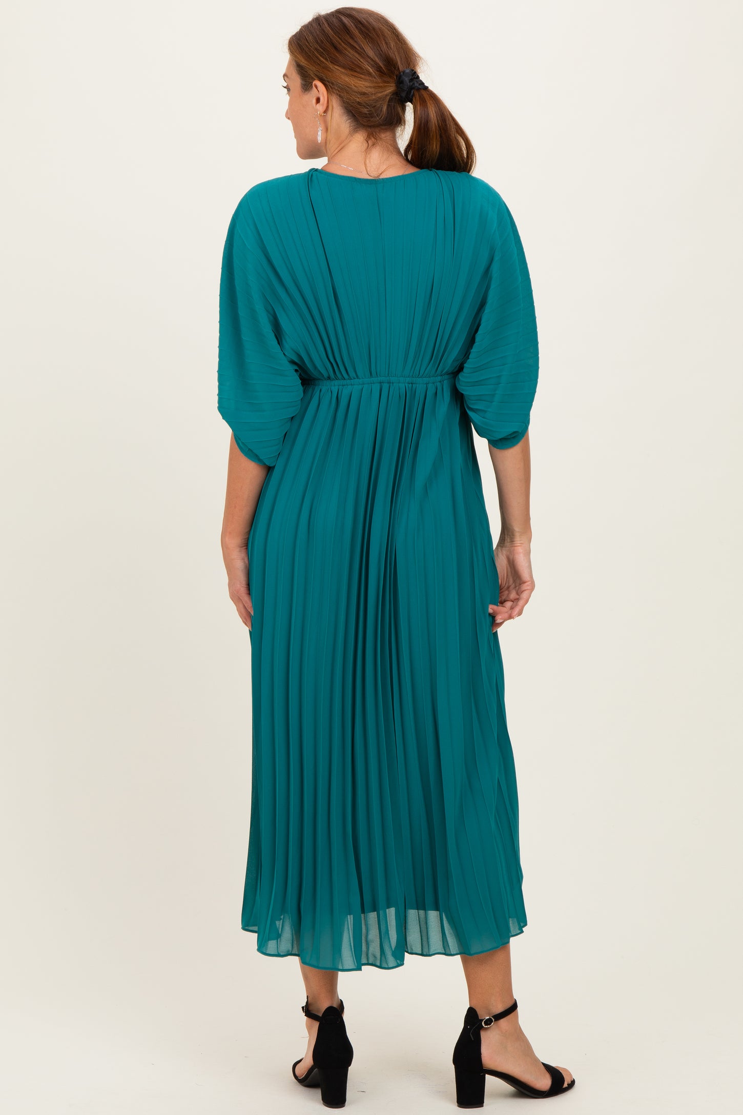 Teal Pleated V Neck Maxi Dress
