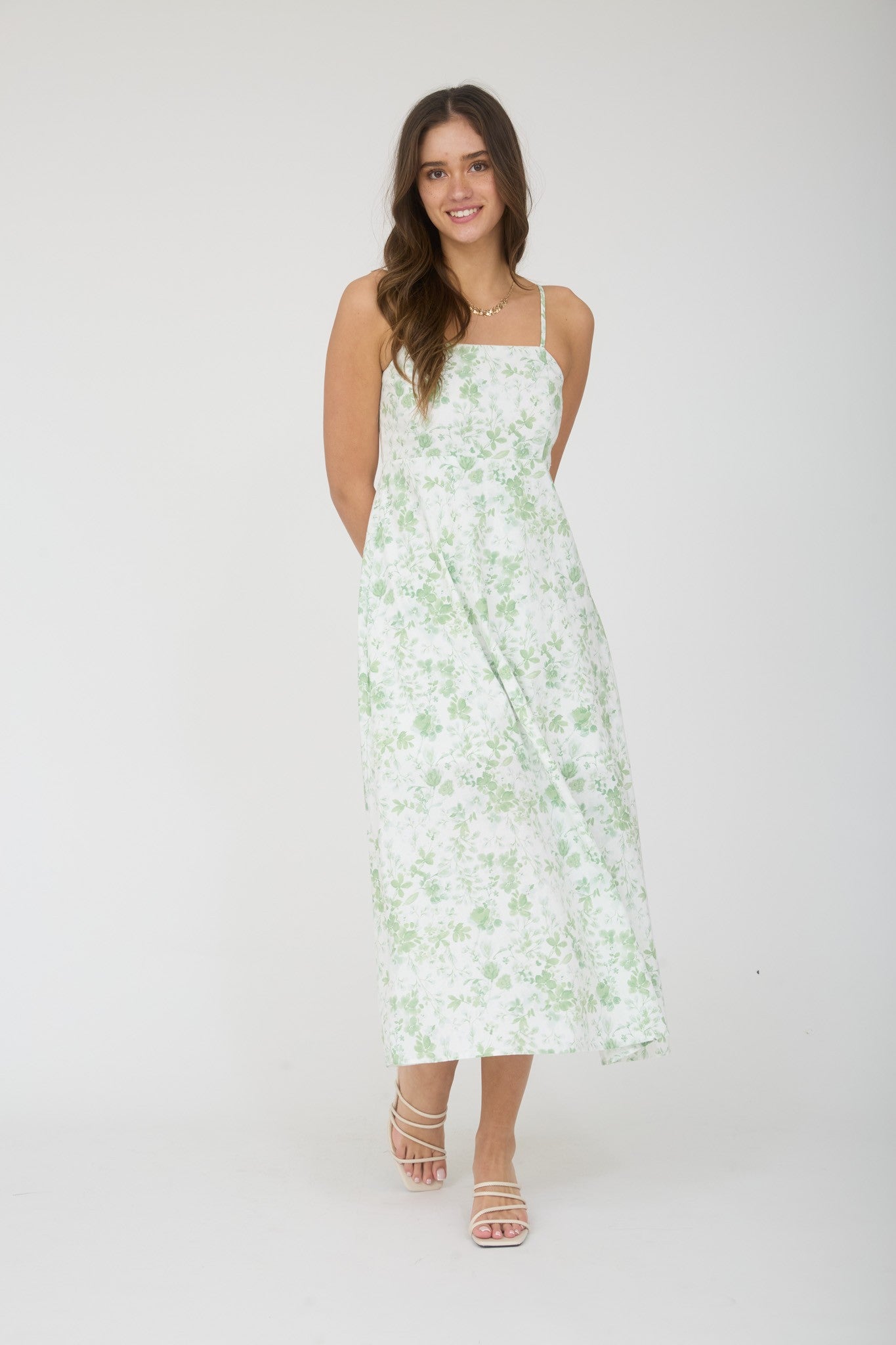 knee length dresses for ladies Light Green Floral Print Midi Dress