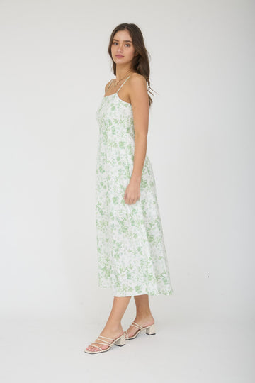 Light Green Floral Sleeveless Midi Dress