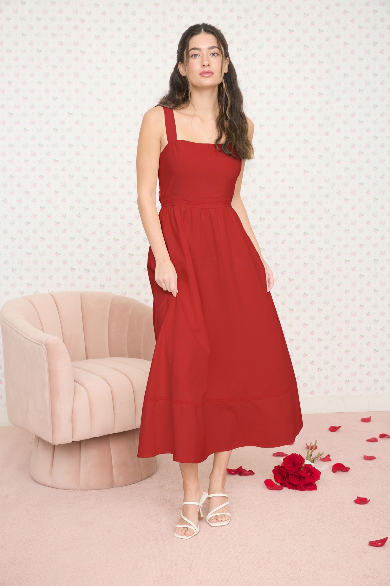 Red Linen Blend Sleeveless Midi Dress