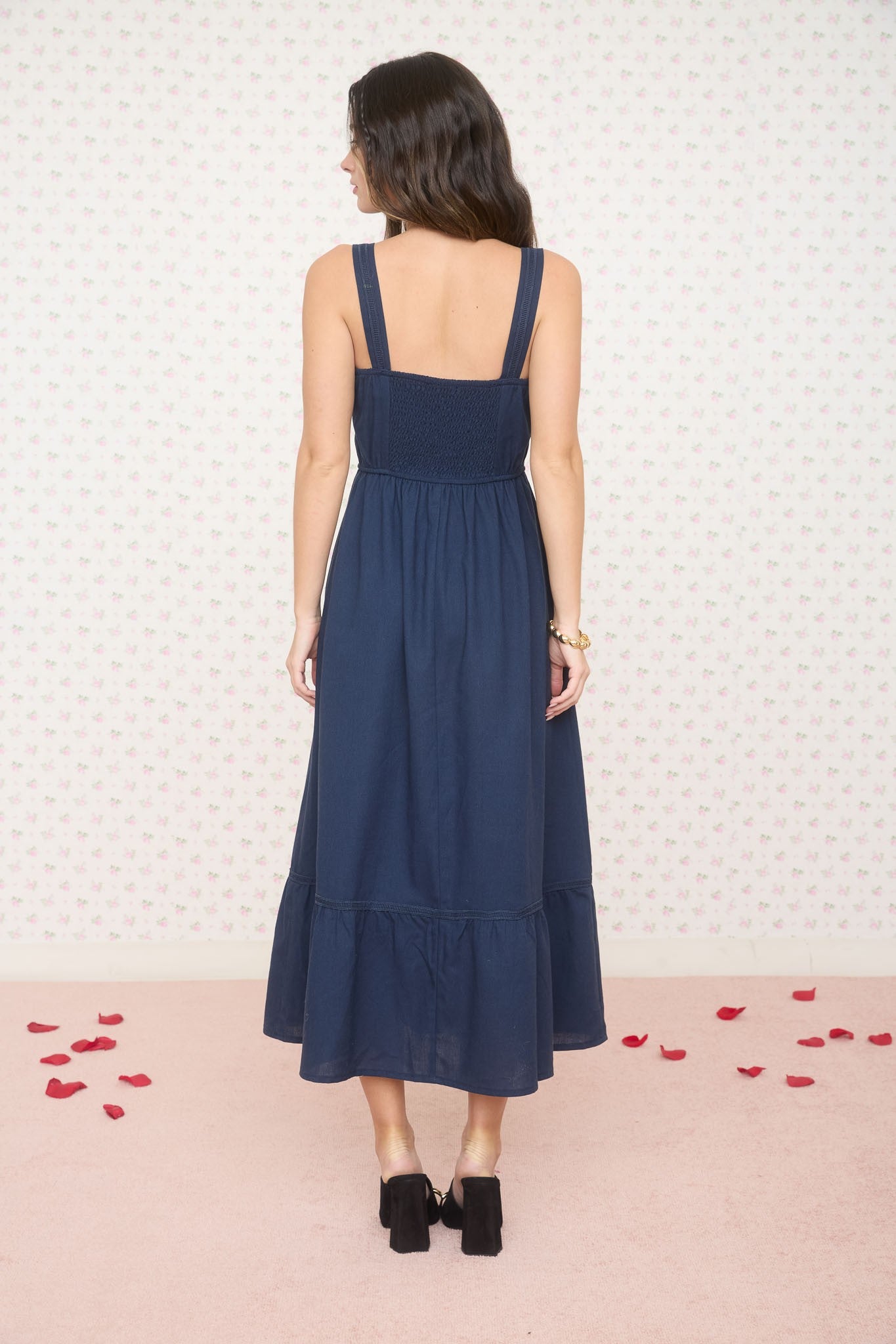 Navy Linen Blend Sleeveless Midi Dress
