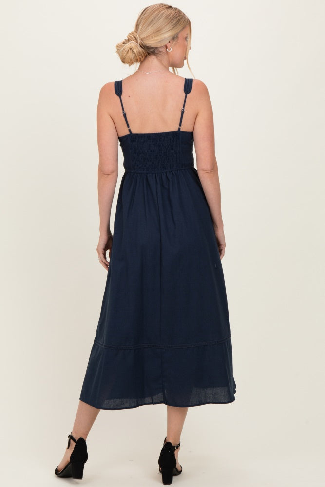navy linen midi dress Loose Linen Midi Dress, Summer Midi Dress, Navy Blue Linen Dress, Linen Dress with Pockets, Pleated Linen Dress, Linen Dress for Women, L / Moroccan