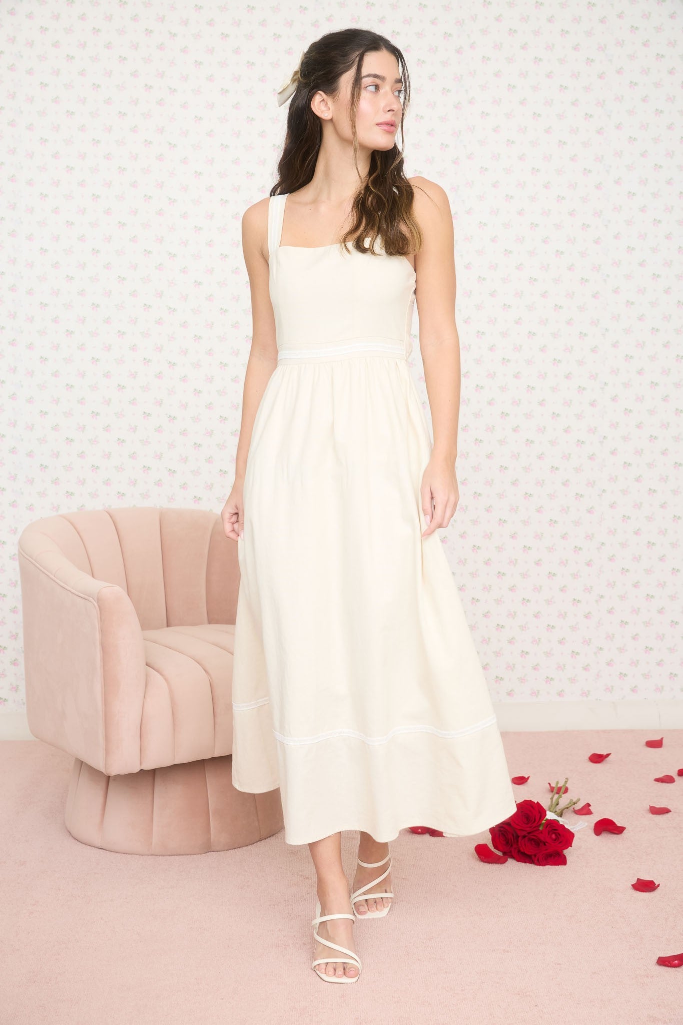 Ivory Linen Blend Sleeveless Midi Dress