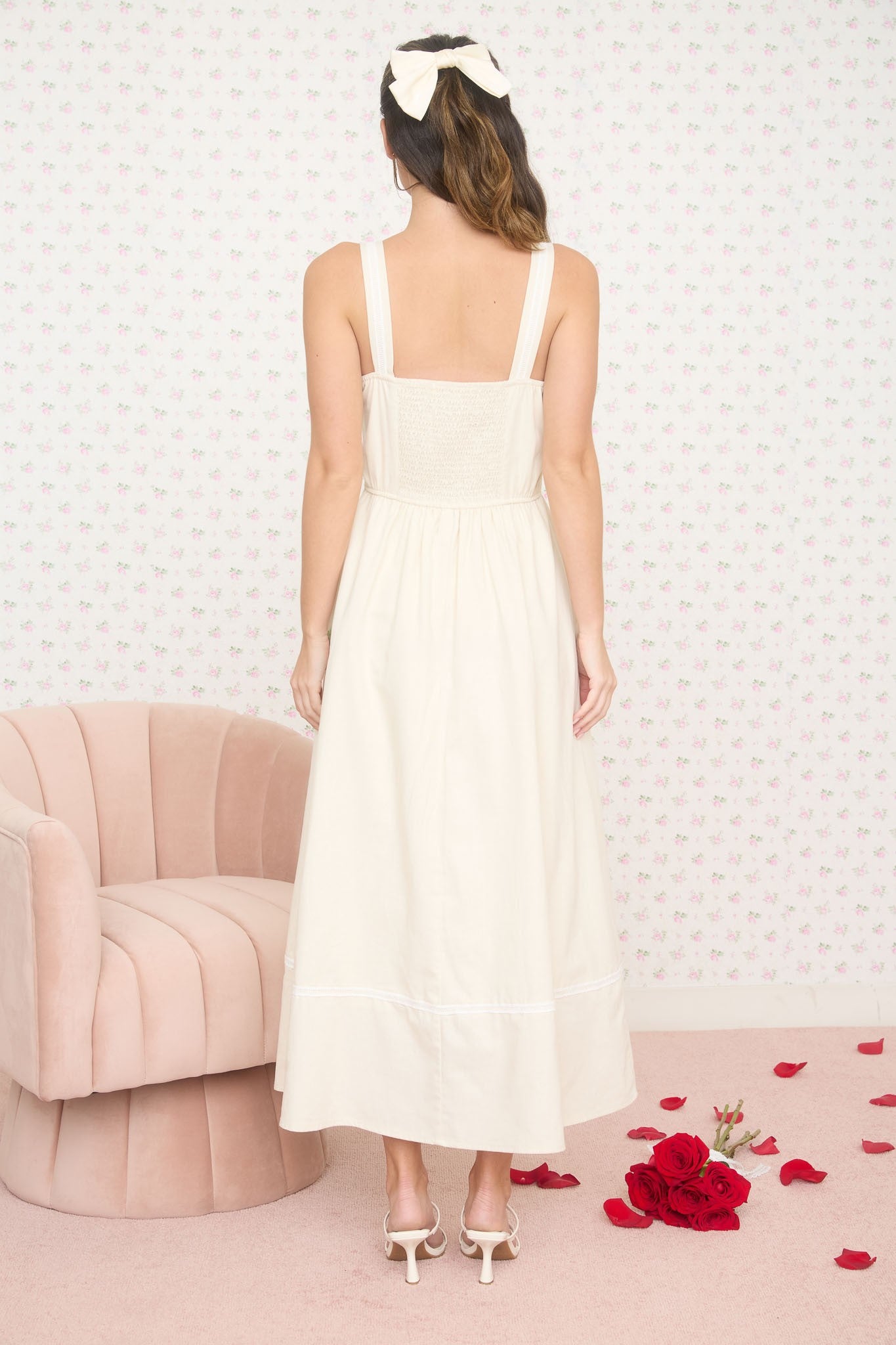 Ivory Linen Blend Sleeveless Midi Dress