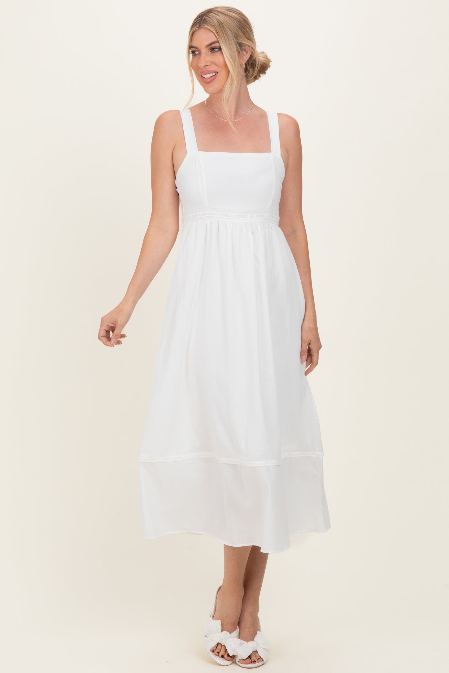 Ivory Linen Blend Sleeveless Midi Dress Ivory Linen Blend Sleeveless Midi Dress
