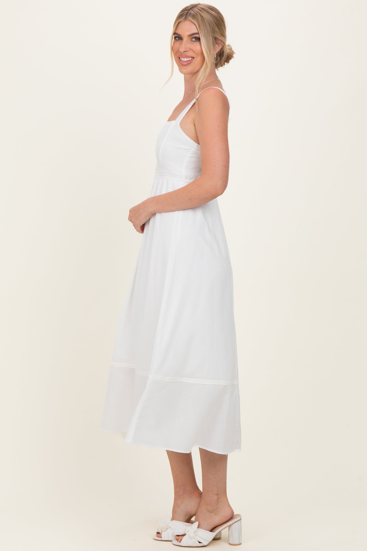 Ivory Linen Blend Sleeveless Midi Dress