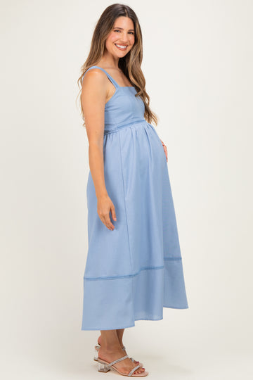 Dusty Blue Linen Blend Sleeveless Maternity Midi Dress