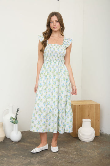 Blue Floral Smocked Sleeveless Midi Dress
