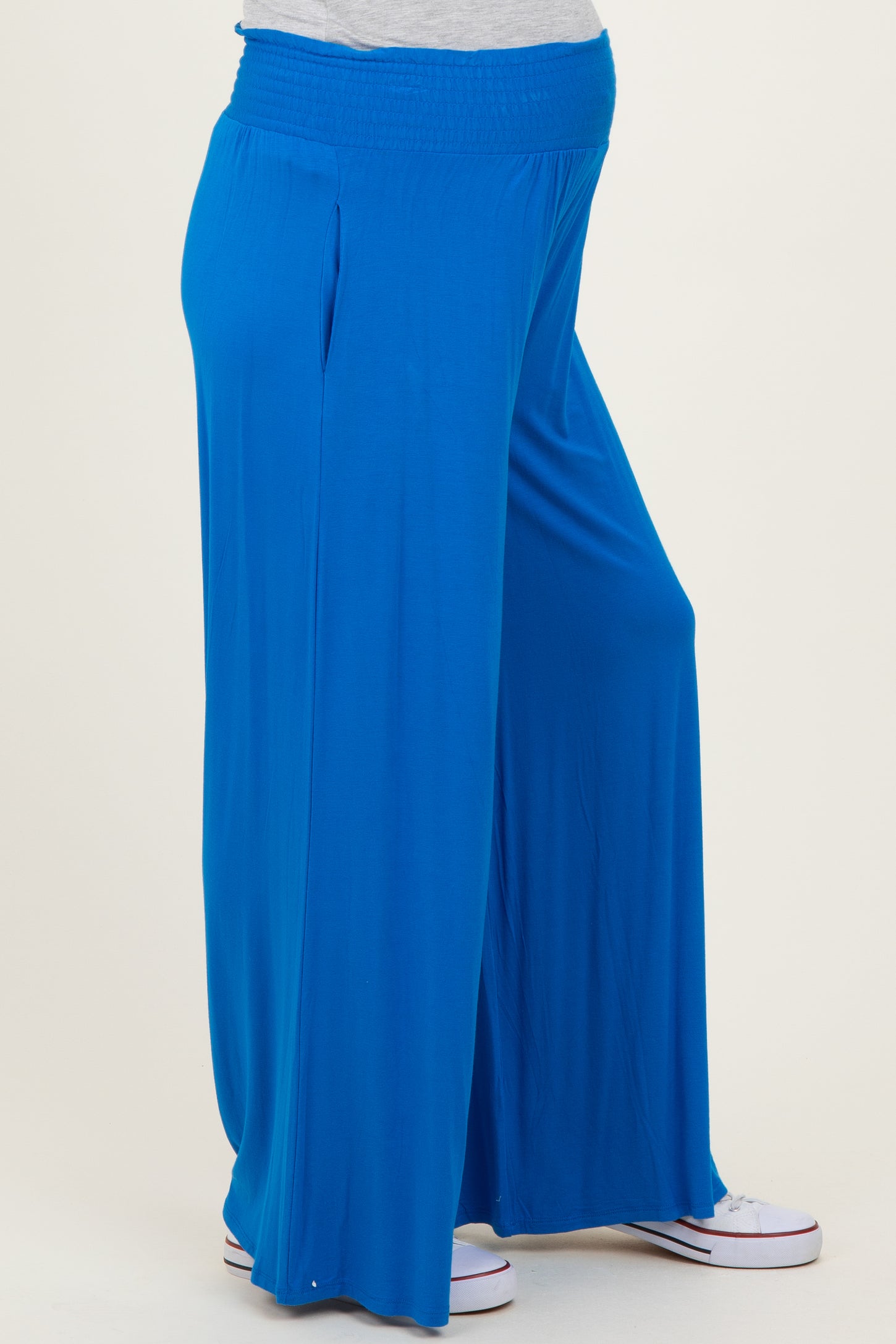 Blue Smocked Waist Wide Leg Maternity Pants