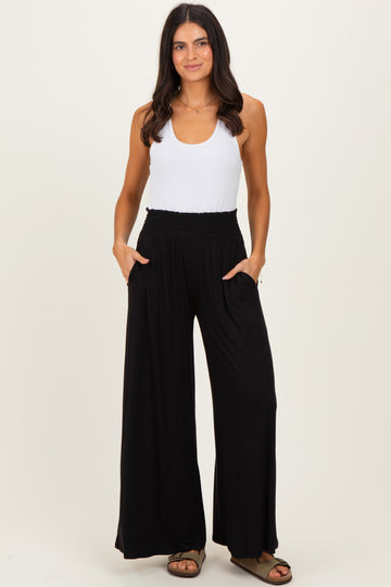 Black Smocked Waist Wide Leg Pants
