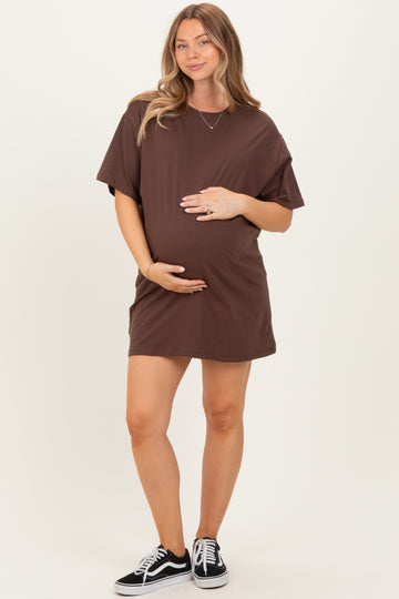 Brown Crewneck Short Sleeve Maternity T-Shirt Dress