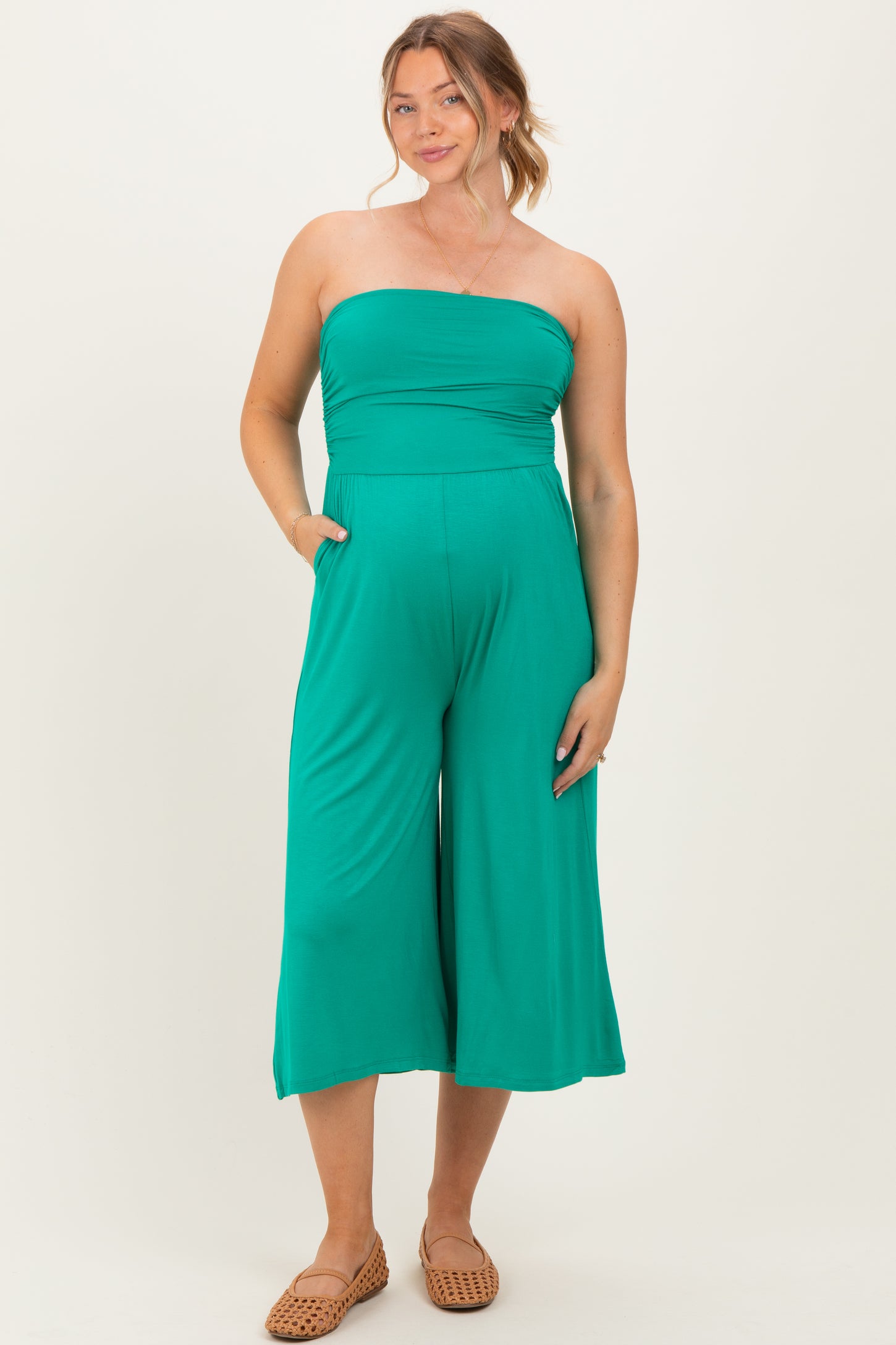 Kelly Green Double Layered Strapless Tube Top Maternity Jumpsuit Kelly Green Double Layered Strapless Tube Top Maternity Jumpsuit