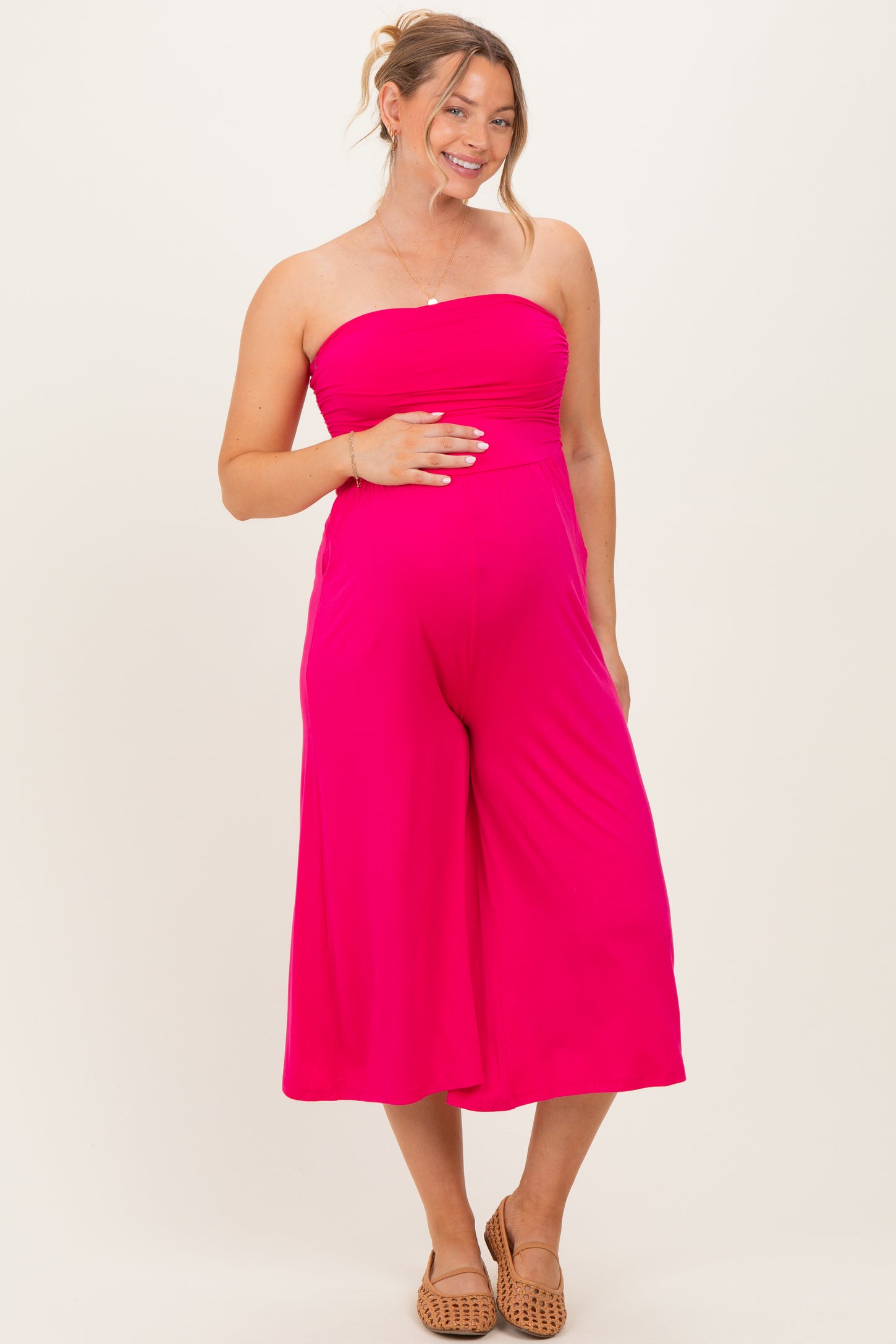 Hot Pink Double Layered Strapless Tube Top Maternity Jumpsuit