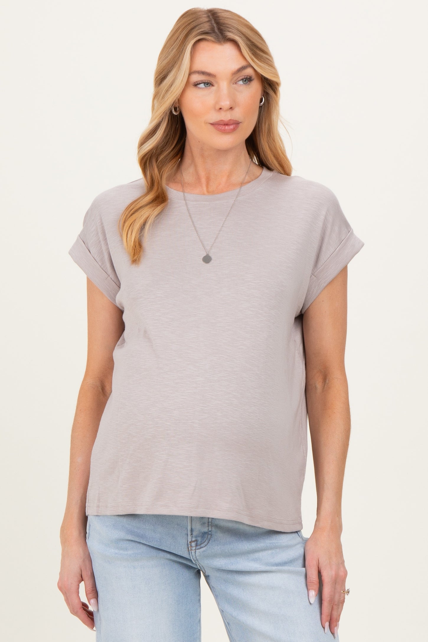 Ash Mocha Rolled Short Sleeve Maternity Tee