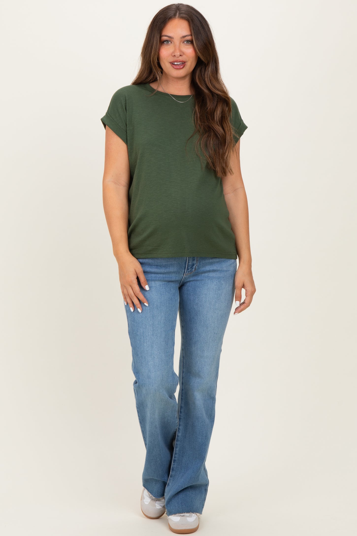 Army Green Rolled Short Sleeve Maternity Tee