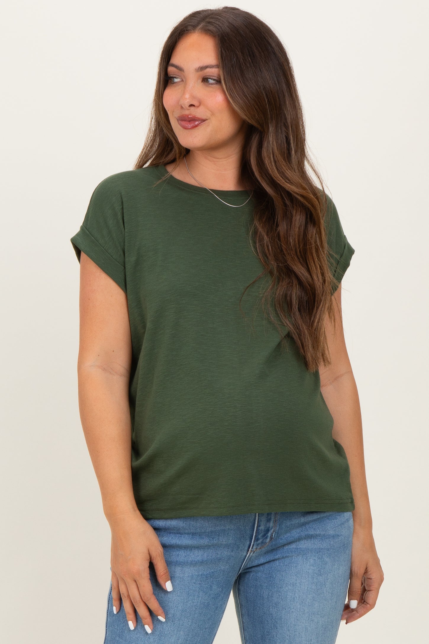 Army Green Rolled Short Sleeve Maternity Tee