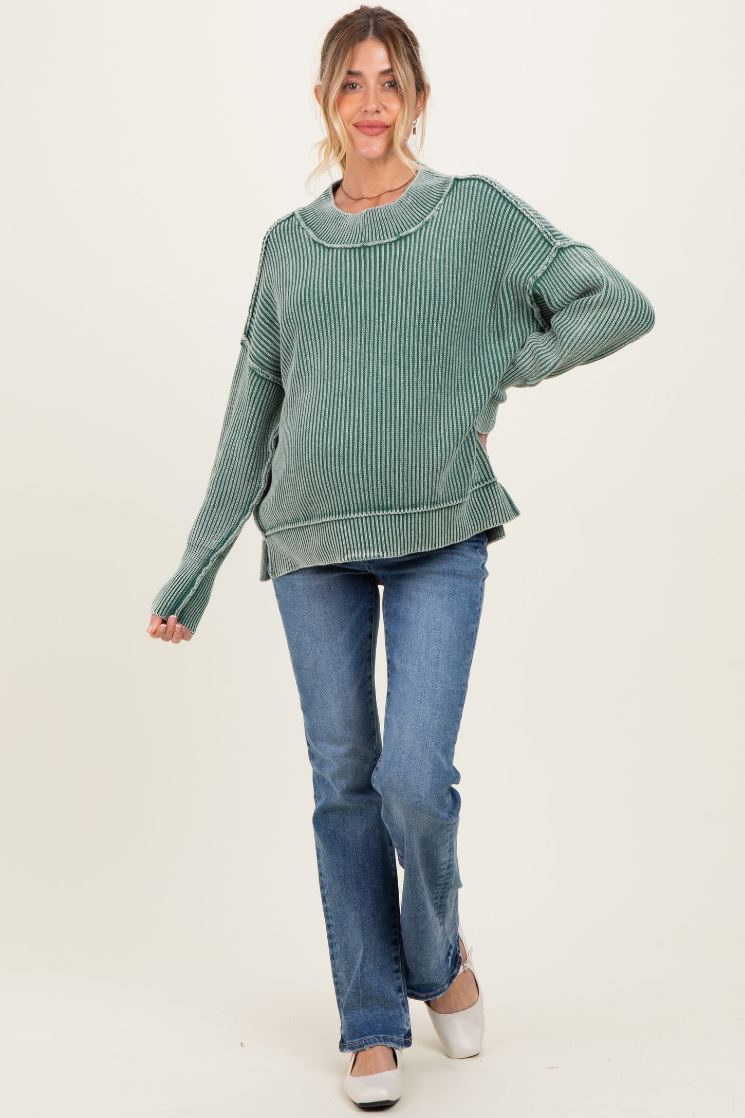 Dark Green Washed Side Slit Oversized Maternity Sweater