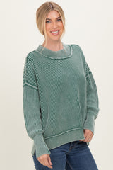 Dark Green Washed Side Slit Oversized Sweater