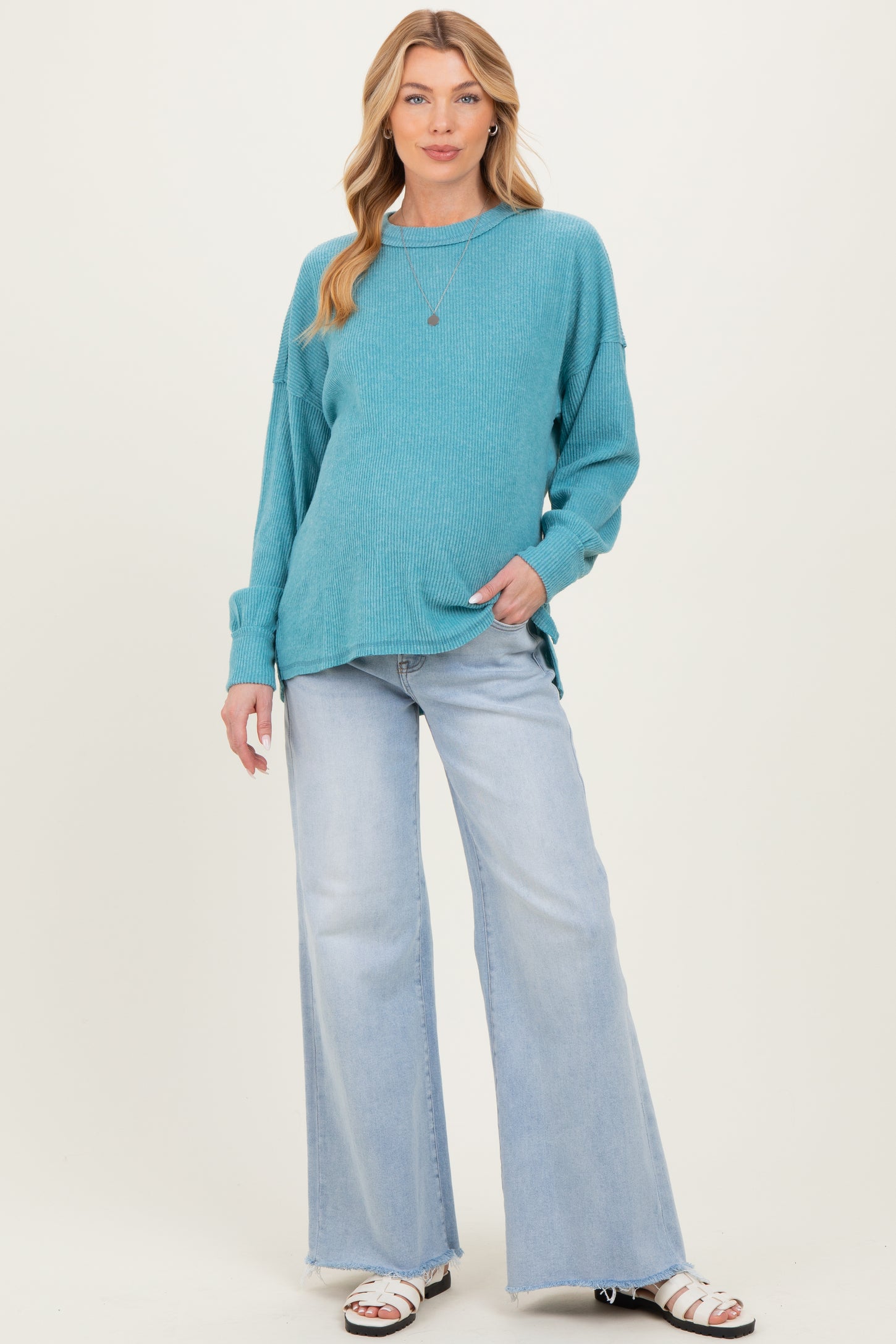 Dusty Teal Brushed Ribbed Knit Maternity Pullover