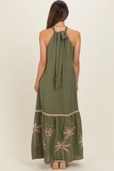 Olive Embroidered Halter Maternity Maxi Dress