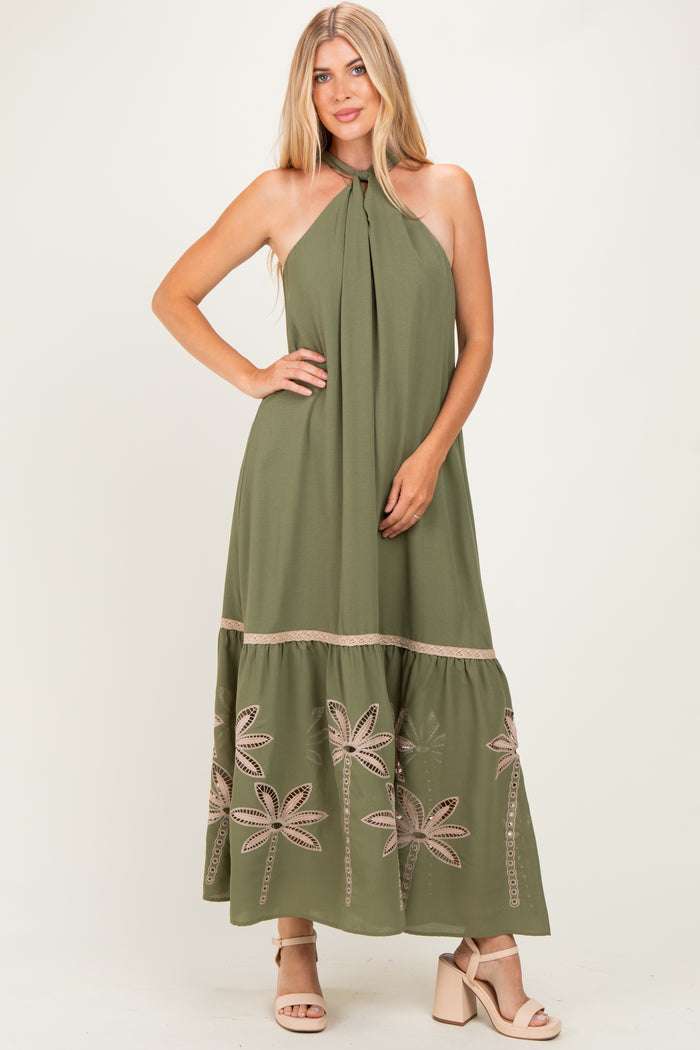 Olive Embroidered Halter Maternity Maxi Dress