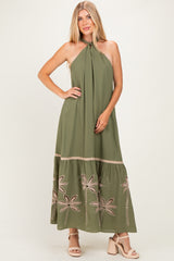 Olive Embroidered Halter Maxi Dress