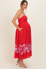 Red Floral Print Maternity Midi Dress