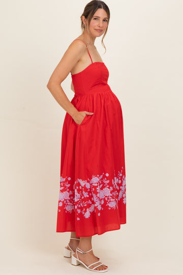 Red Floral Print Maternity Midi Dress