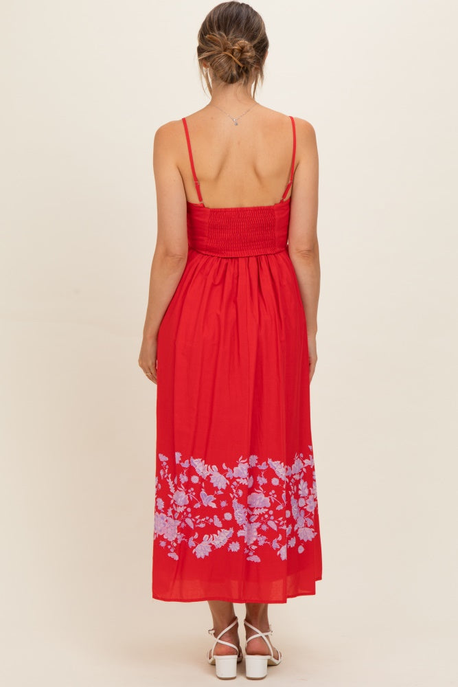 Red Floral Print Maternity Midi Dress