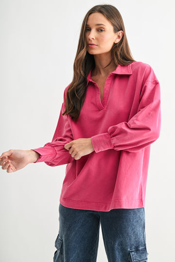 Magenta Sunfade Cotton Collared Long Sleeve Top