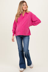 Magenta Sunfade Cotton Collared Long Sleeve Maternity Top