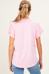 Light Pink V-Neck Pocket Short Sleeve Maternity Shirt