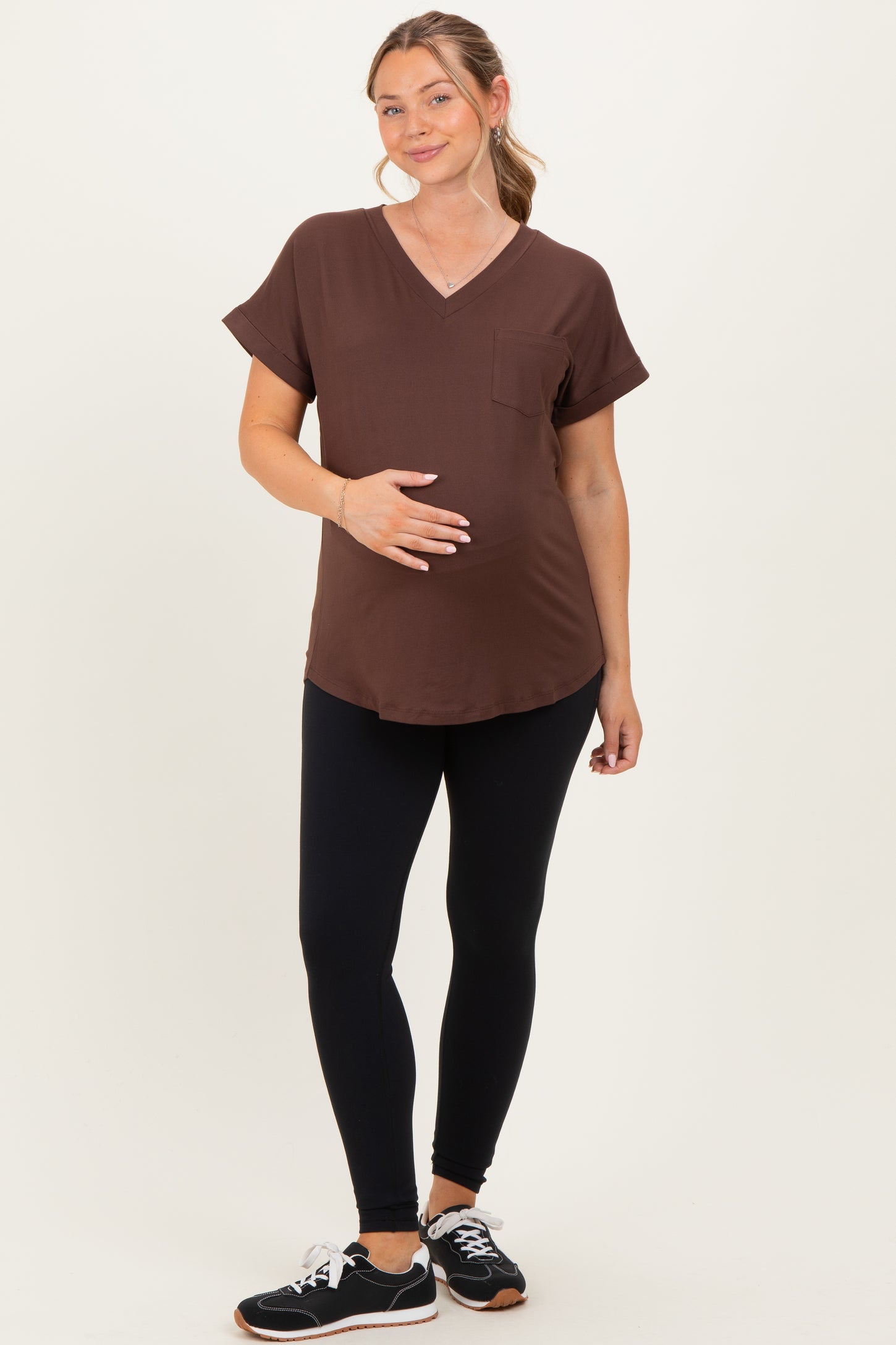 Brown V-Neck Pocket Short Sleeve Maternity Shirt