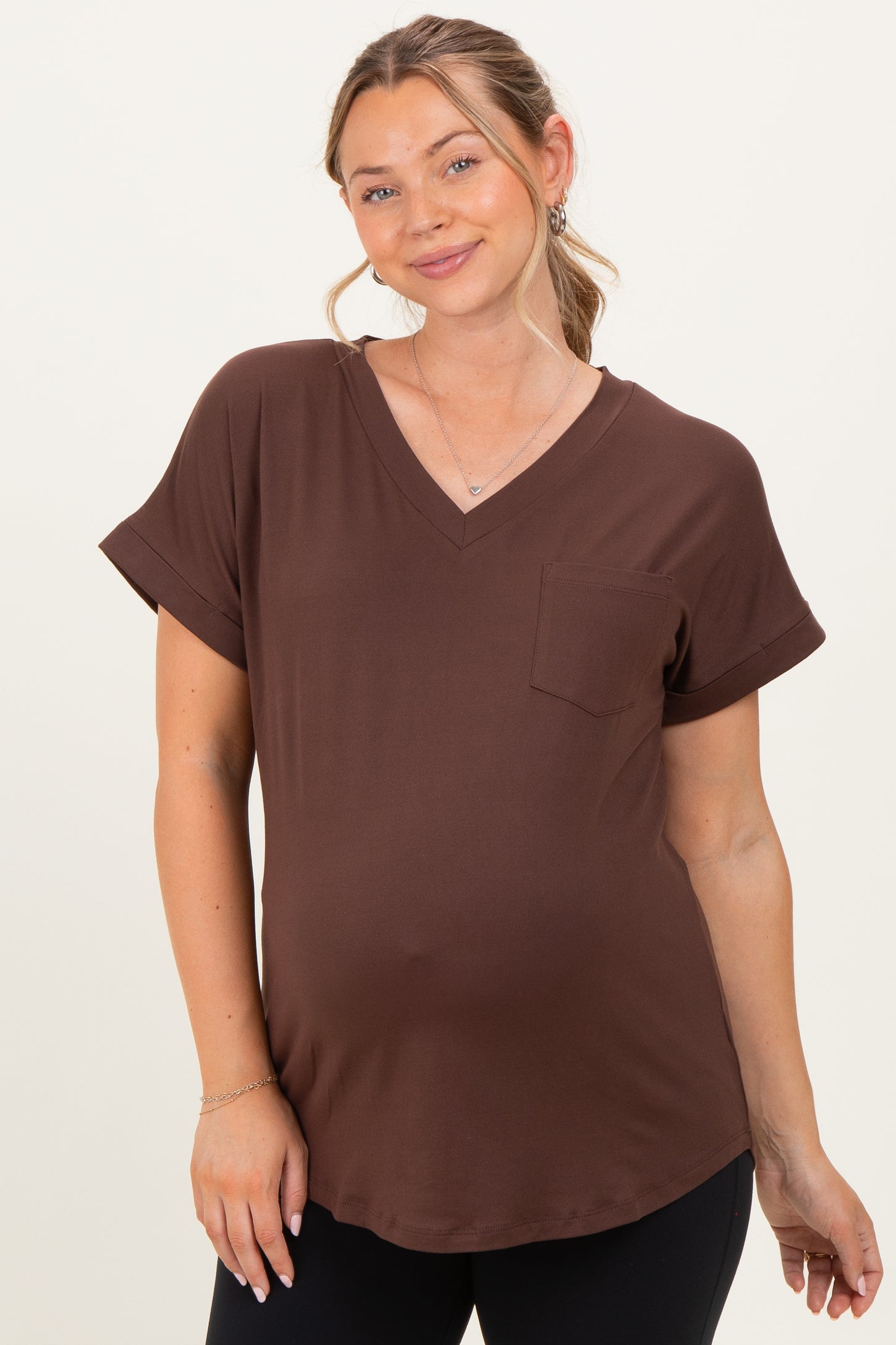 Brown V-Neck Pocket Short Sleeve Maternity Shirt