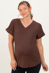 Brown V-Neck Pocket Short Sleeve Maternity Shirt