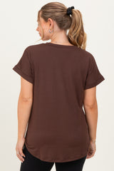 Brown V-Neck Pocket Short Sleeve Maternity Shirt