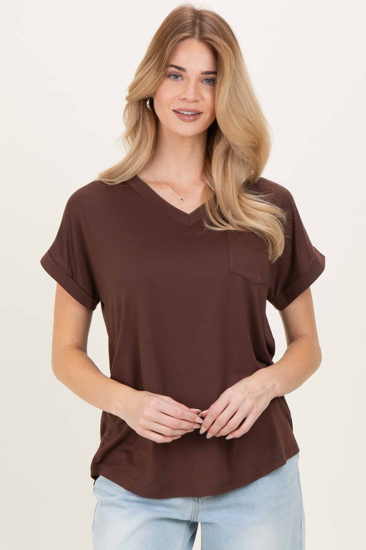 Brown V-Neck Pocket Short Sleeve Shirt