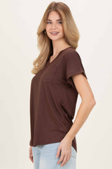 Brown V-Neck Pocket Short Sleeve Shirt