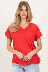 Red V-Neck Pocket Short Sleeve Shirt