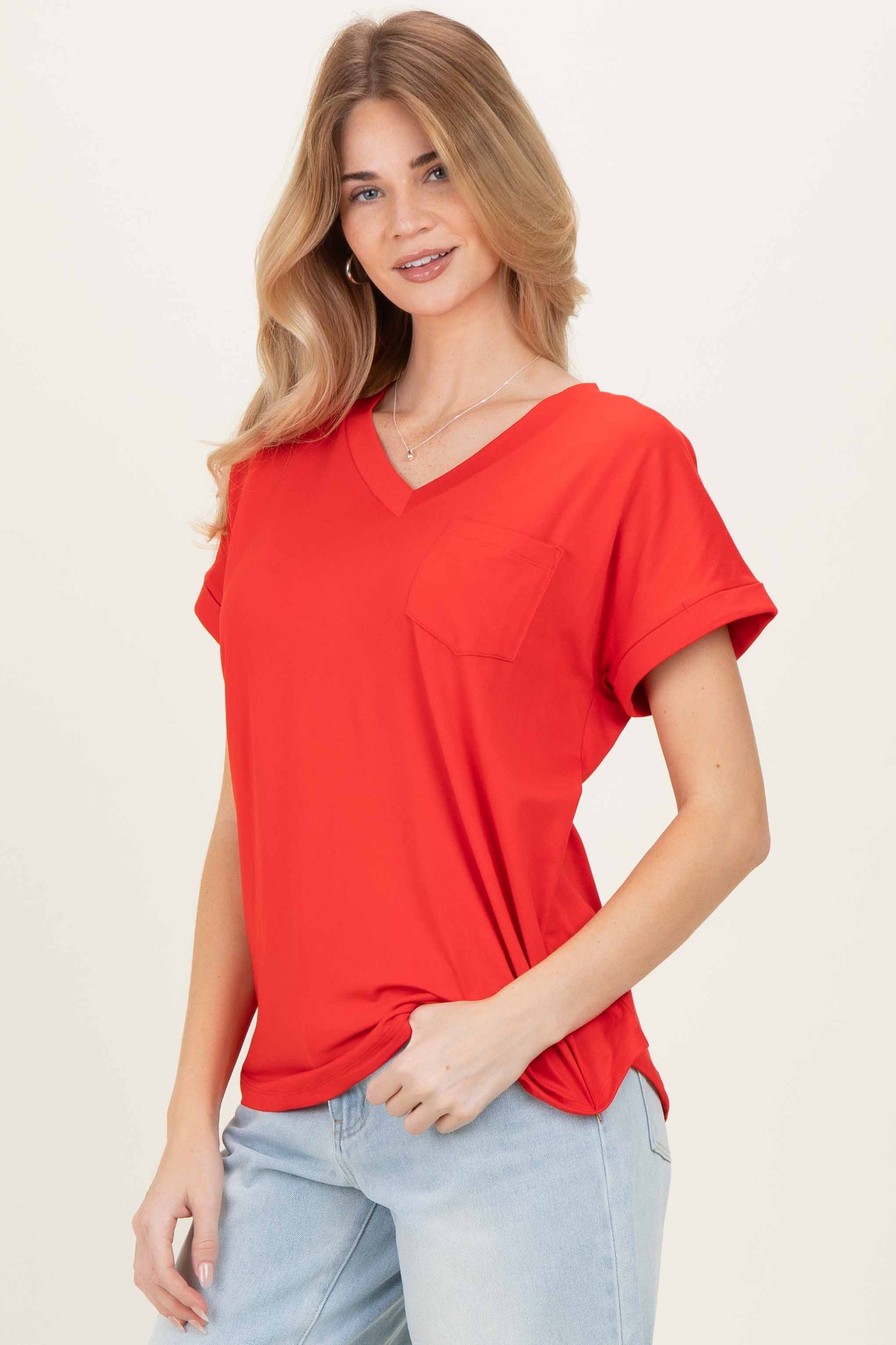 Red V-Neck Pocket Short Sleeve Shirt