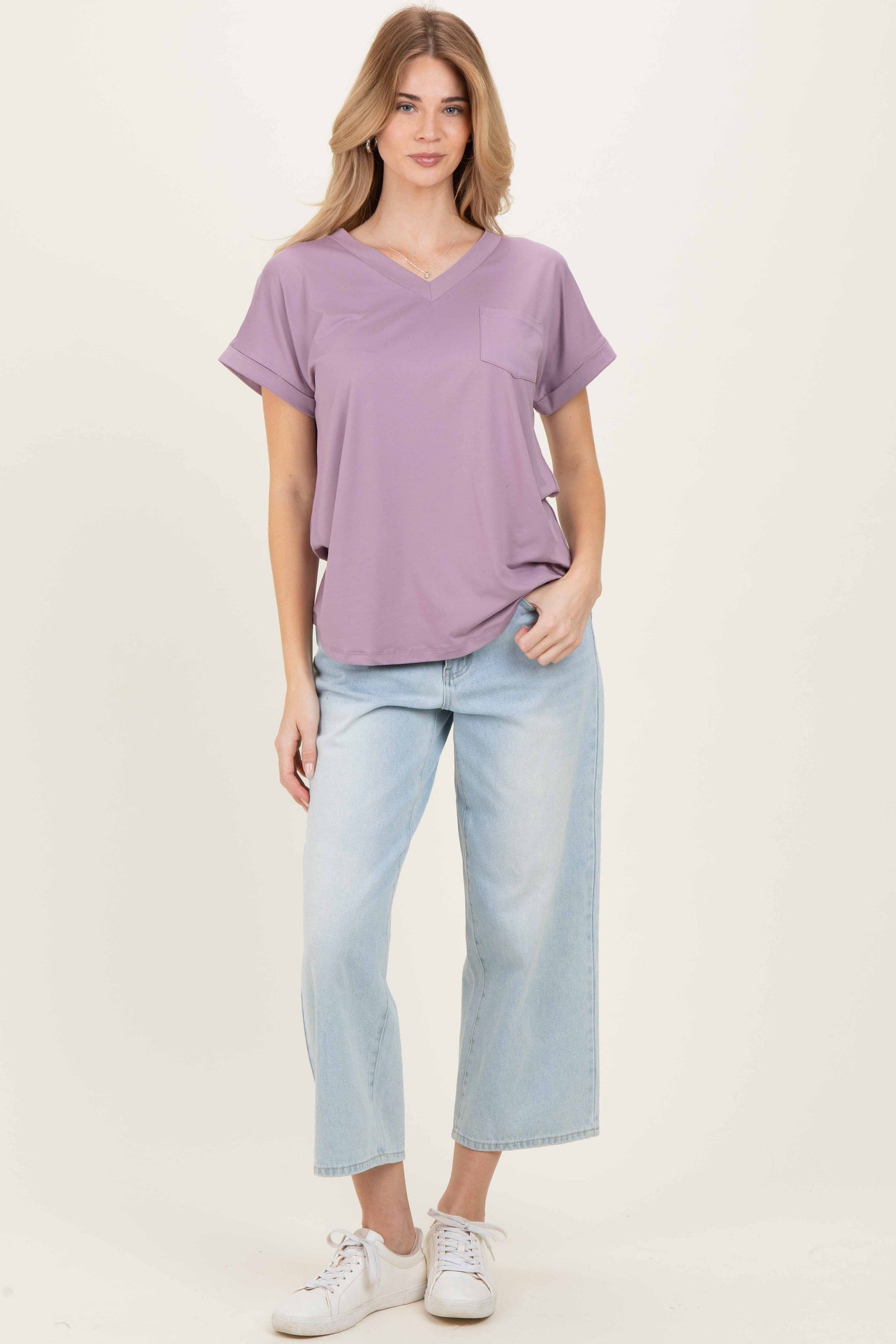 Lavender V-Neck Pocket Short Sleeve Shirt